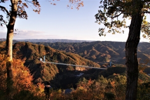 赤岩展望台からの竜神大吊橋と紅葉の奥久慈の山々の大絶景