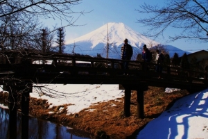 忍野富士を望みながら、雪の残る桂川を渡って忍野八海へ・・・。